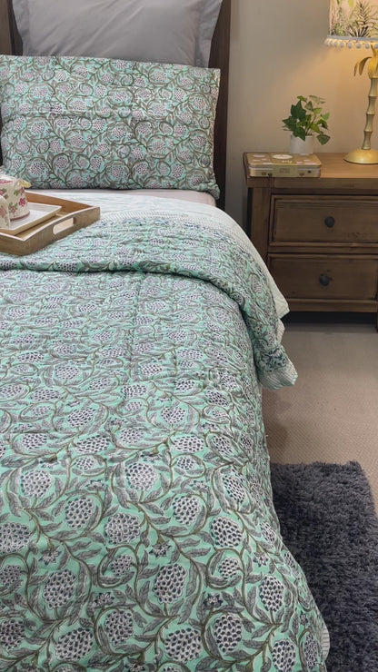 Hand Block Hand Printed Cotton Turquoise Floral Quilt Bedspread Set