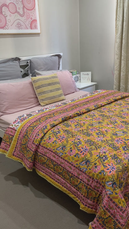 Mustard Pink Floral Cotton Padded Kantha Bedspread Quilt Comforter