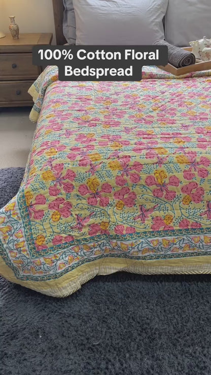 Yellow Pink Floral Cotton Padded Kantha Bedspread Quilt Comforter