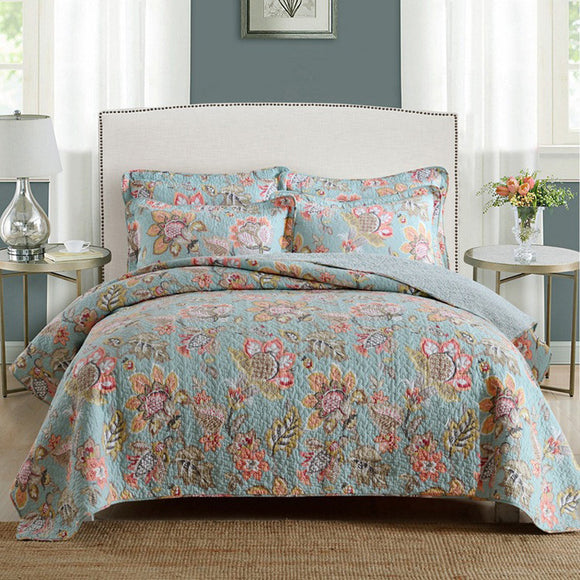 Teal Floral Cotton 3 Piece Bedspread Bedding Set