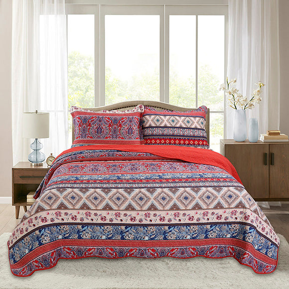 Multi Colour Geometrical Floral Cotton 3 Piece Bedspread Bedding Set