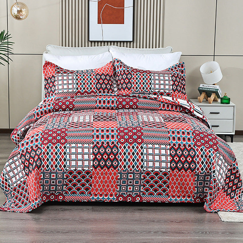 Red Multi Colour Patchwork Geometrical Cotton 3 Piece Bedspread Bedding Set - Adore India   