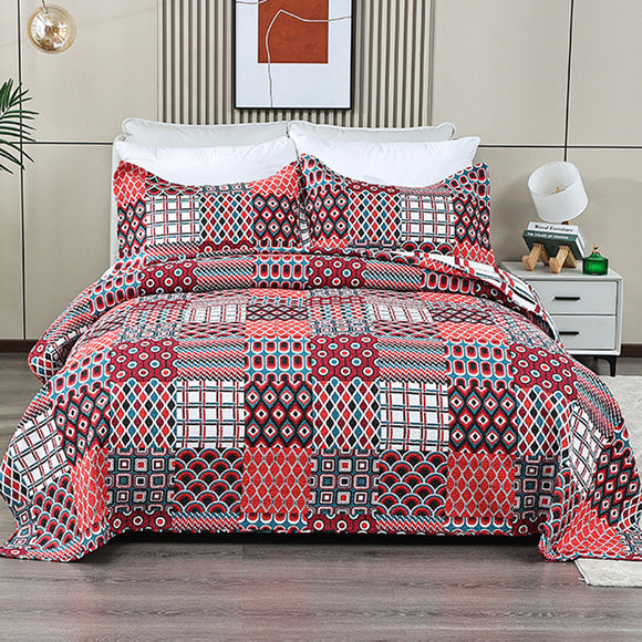 Red Multi Colour Patchwork Geometrical Cotton 3 Piece Bedspread Bedding Set