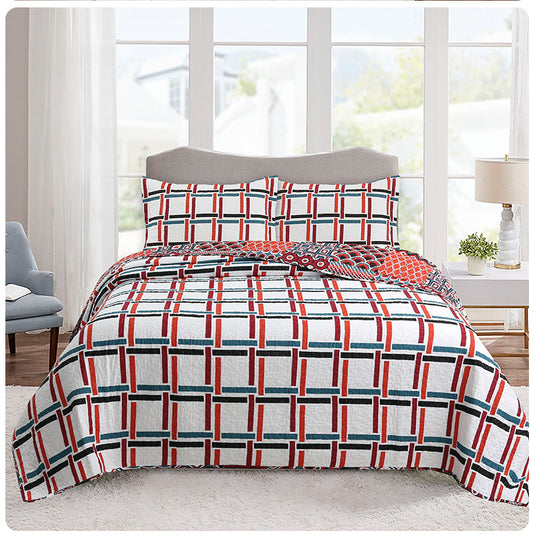 Red Multi Geometrical Cotton 3 Piece Bedspread Bedding Set - Adore India   