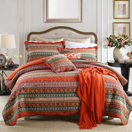 Red Multi Horizontal Geometrical Cotton 3 Piece Bedspread Bedding Set - Adore India   