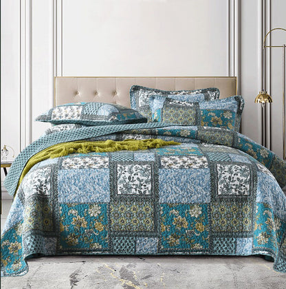 Teal Floral Patchwork Cotton 3 Piece Bedspread Bedding Set - Adore India   