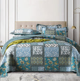 Teal Floral Patchwork Cotton 3 Piece Bedspread Bedding Set