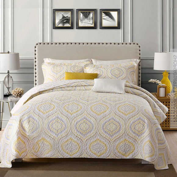 Beige Yellow Royal Cotton 3 Piece Bedspread Bedding Set