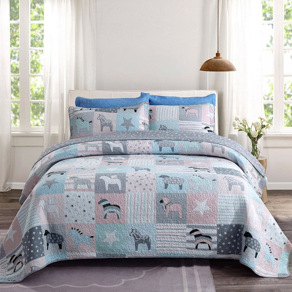 Animal Print Patchwork Cotton 3 Piece Bedspread Bedding Set Quilt