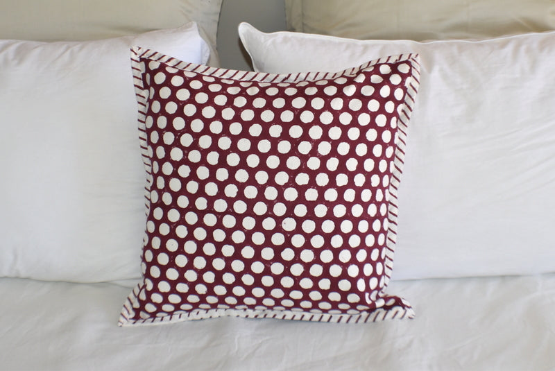 Burgundy Dot Hand Block Print Cushion Cover 40cms - Adore India   