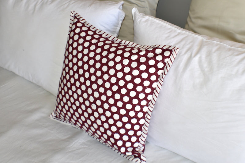 Burgundy Dot Hand Block Print Cushion Cover 40cms - Adore India   