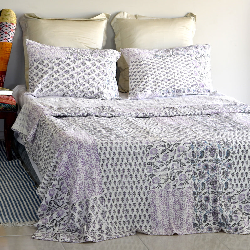 Purple Hand Block Printed Patchwork Cushion Cover - Adore India   