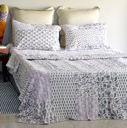 Purple Hand Block Printed Patchwork Cushion Cover - Adore India   