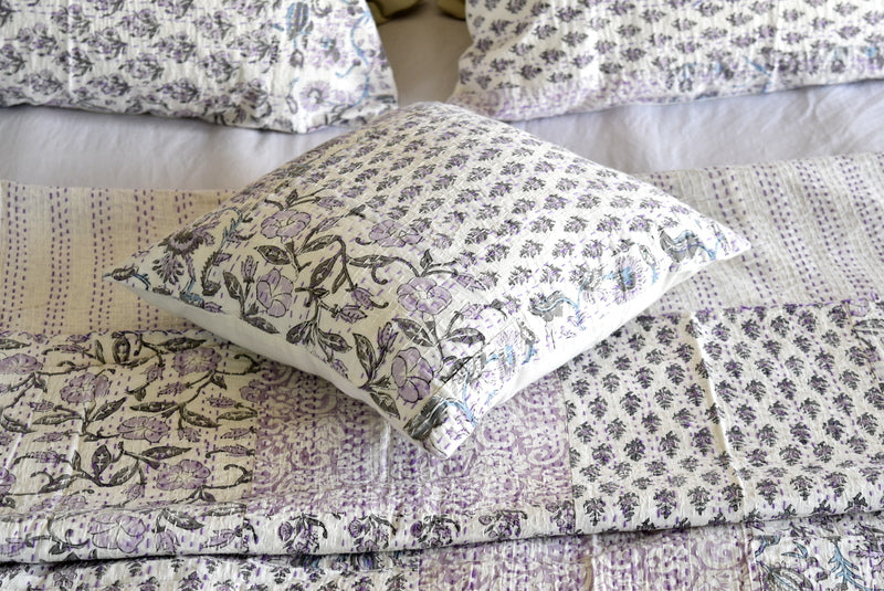 Purple Hand Block Printed Patchwork Cushion Cover - Adore India   