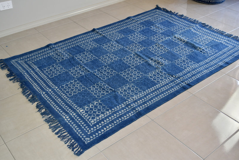 Geometrical Block Print Ikat Indigo Dhurrie Carpet