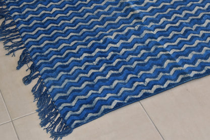 Geometrical Block Zigzag Print Indigo Dhurrie Carpet