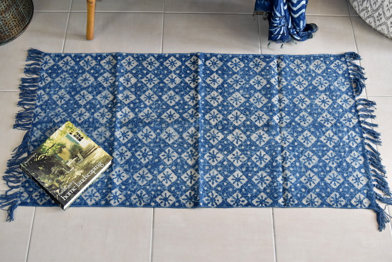 Geometrical Indigo Block Print Dhurrie Carpet Runner