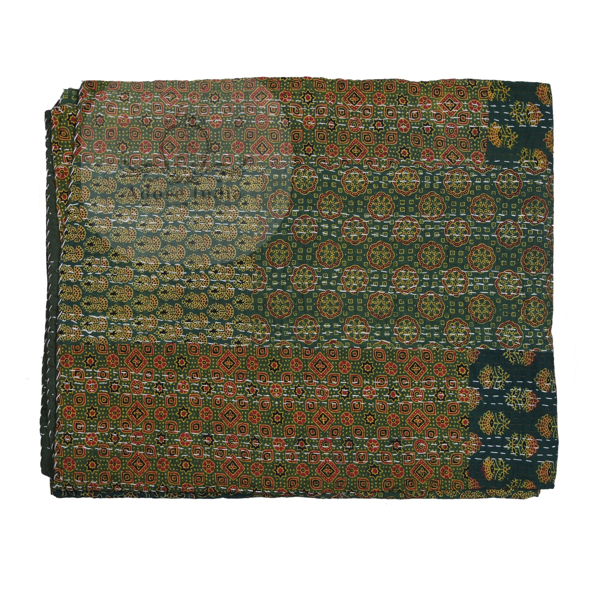 Olive Block Print Patchwork Cotton Kantha Quilt Bedspread