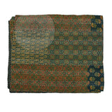 Olive Block Print Patchwork Cotton Kantha Quilt Bedspread