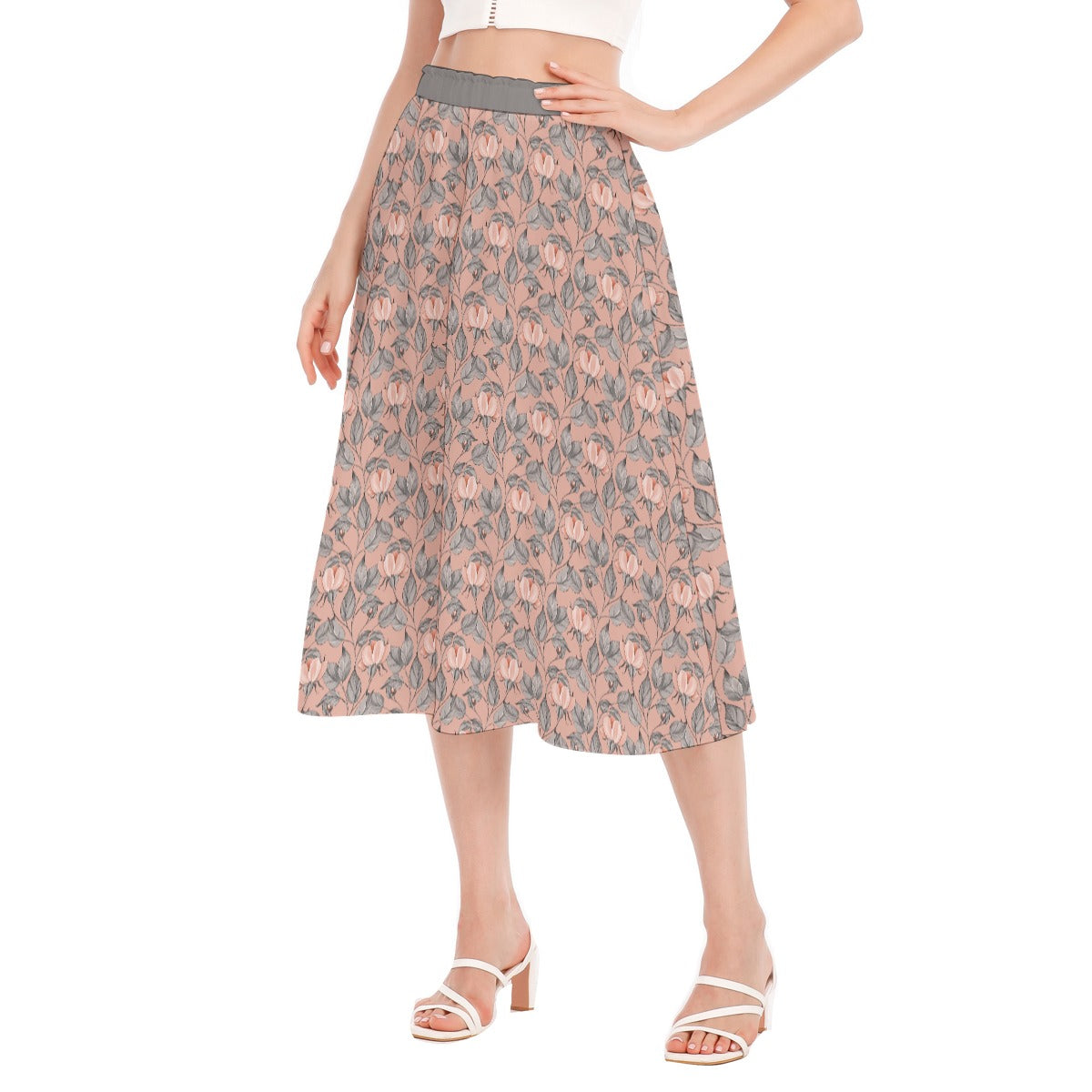 Bohemian Pink Floral Printed Women's Long Chiffon Skirt