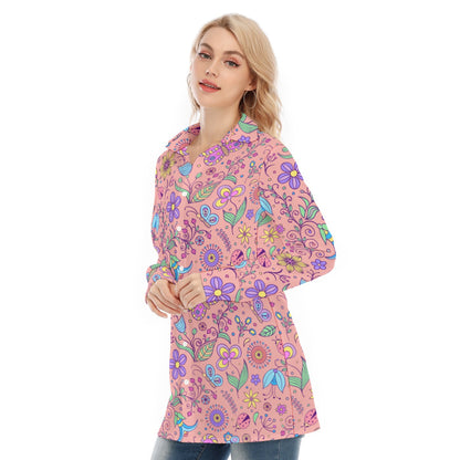 Bohemian Pink Butterfly Printed Women's Long Sleeve Shirt 