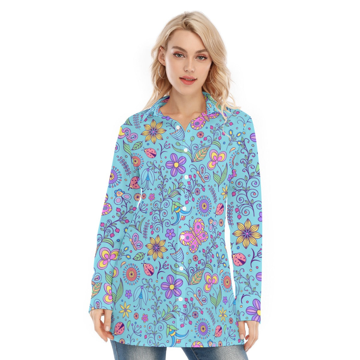 Bohemian Turquoise Butterfly Print Women's Long Sleeve Shirt  - Adore India   