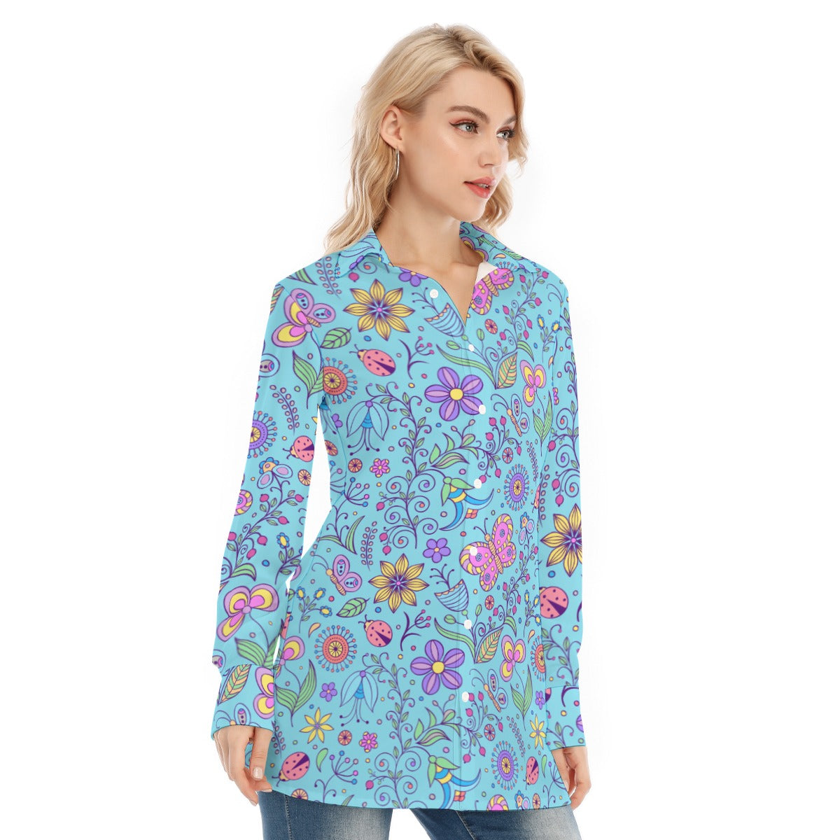 Bohemian Turquoise Butterfly Print Women's Long Sleeve Shirt  - Adore India   