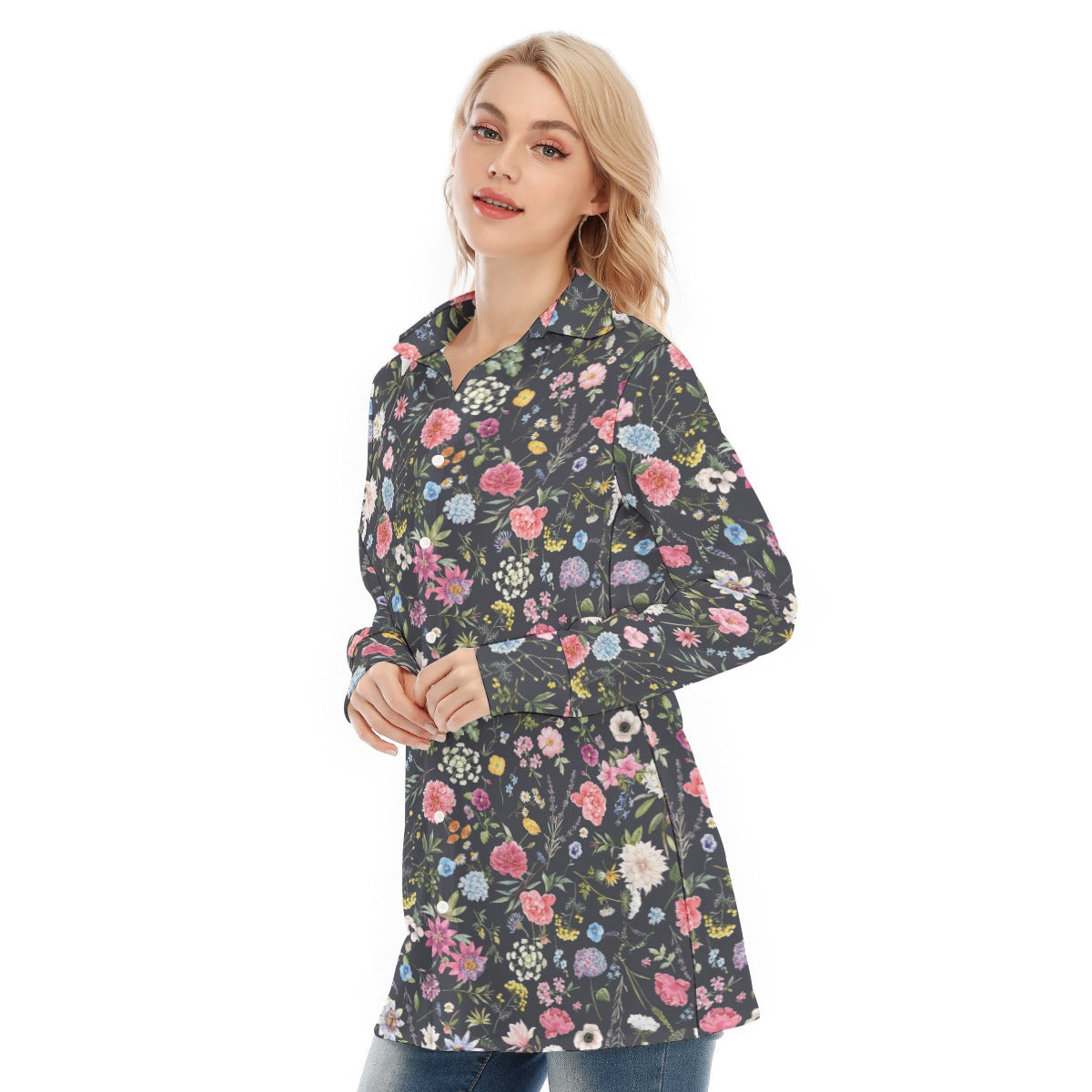 Bohemian Black Floral Women's Long Sleeve Shirt  - Adore India   