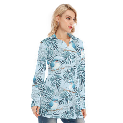 Bohemian Blue Bird of Prey Floral Women's Long Sleeve Shirt 