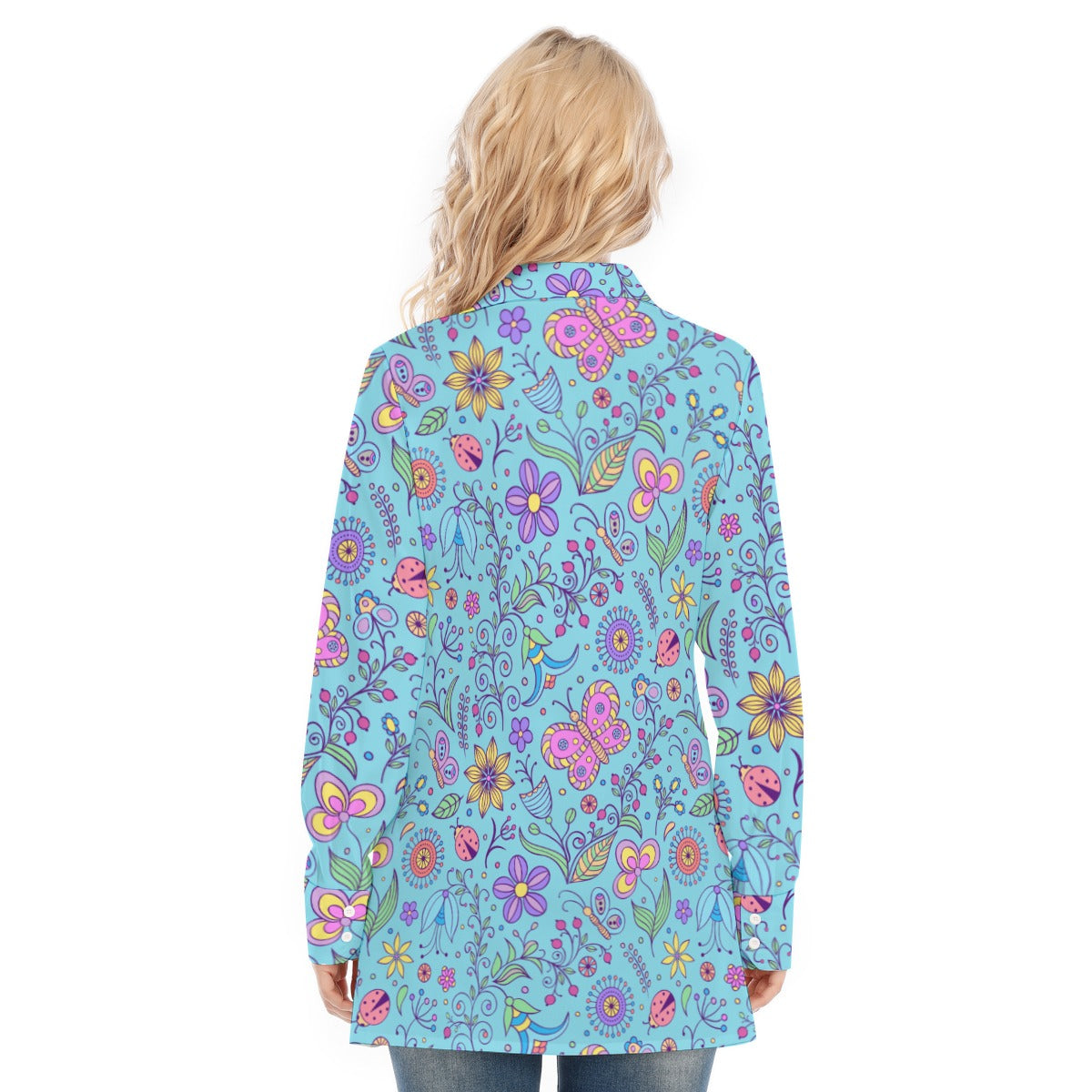 Bohemian Turquoise Butterfly Print Women's Long Sleeve Shirt  - Adore India   