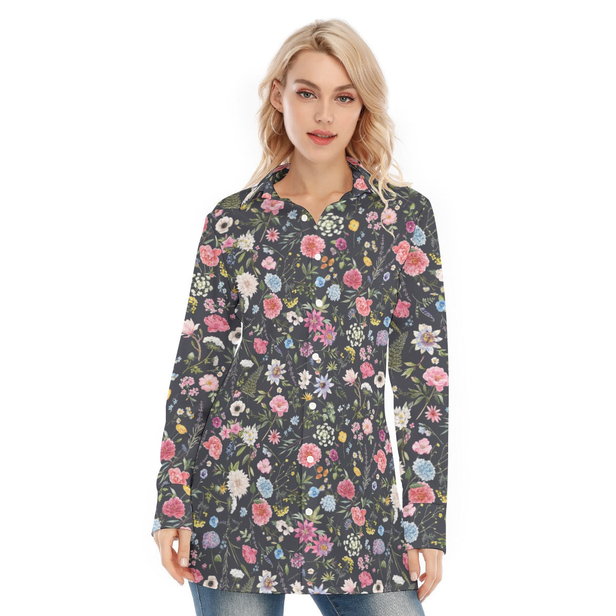 Bohemian Black Floral Women's Long Sleeve Shirt  - Adore India   