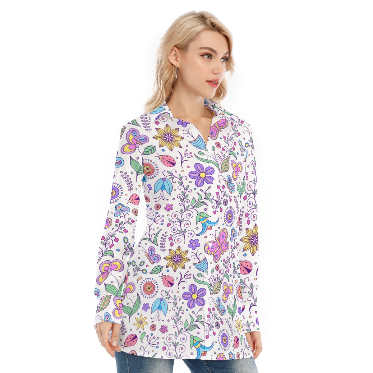 Bohemian Purple Butterfly Print Women's Long Sleeve Shirt 