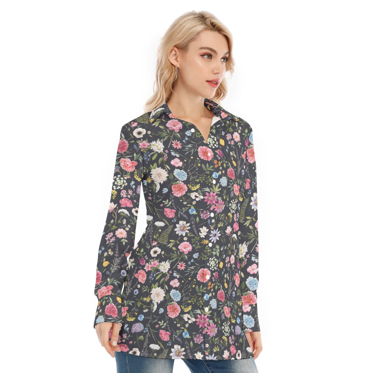 Bohemian Black Floral Women's Long Sleeve Shirt  - Adore India   