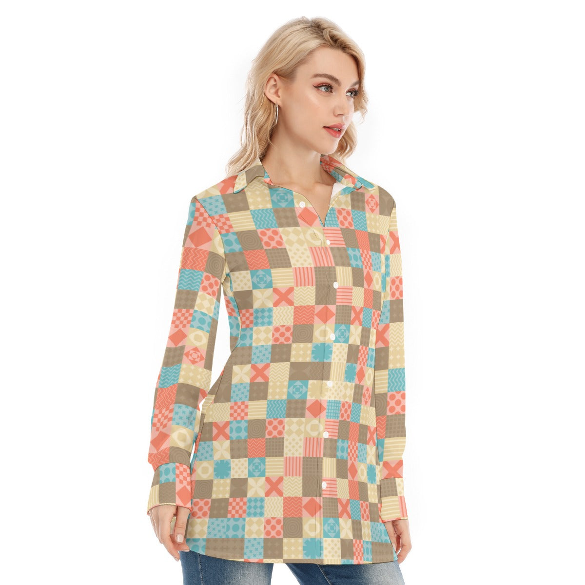 Bohemian Multi Geometrical Print Women's Long Sleeve Shirt 