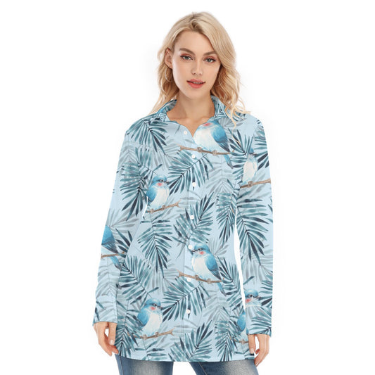 Bohemian Blue Bird of Prey Floral Women's Long Sleeve Shirt 
