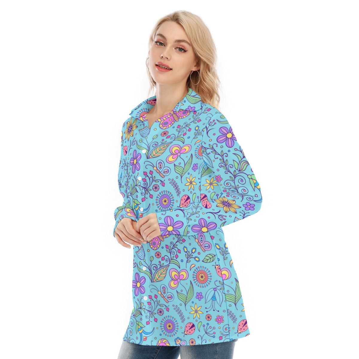 Bohemian Turquoise Butterfly Print Women's Long Sleeve Shirt  - Adore India   