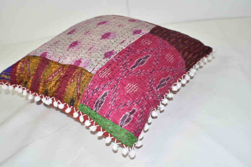 Silk Vintage Kantha Patchwork Pompom Cushion Cover 1