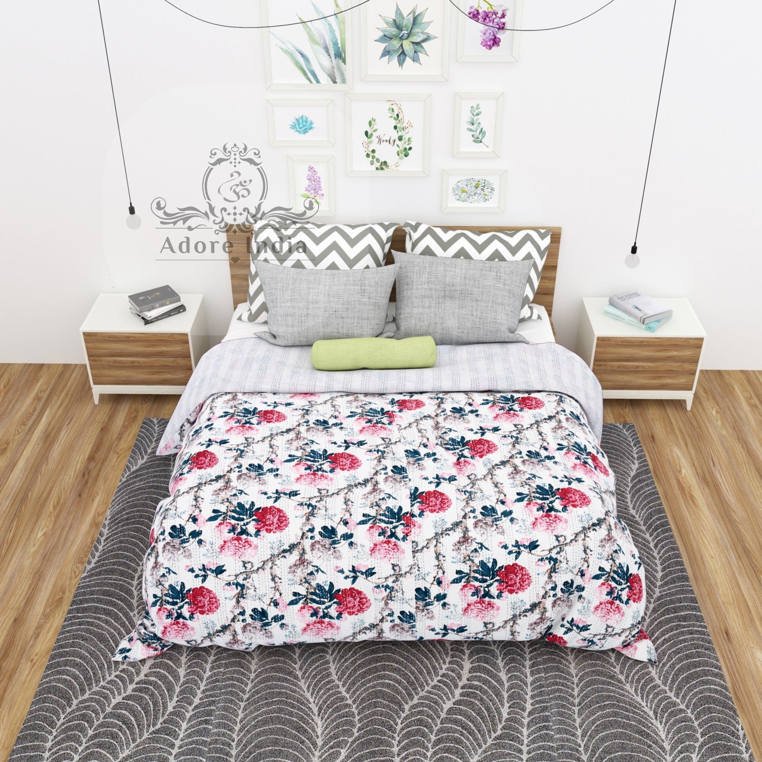 Magical Flower Printed Cotton Kantha Quilt Bedspread Throw