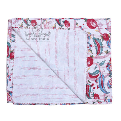 Melanie Flower Printed Cotton Kantha Quilt Bedspread Throw