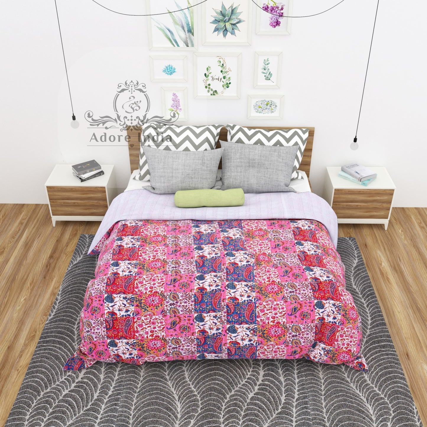 Pink Paisley Print Patchwork Cotton Kantha Quilt Bedspread