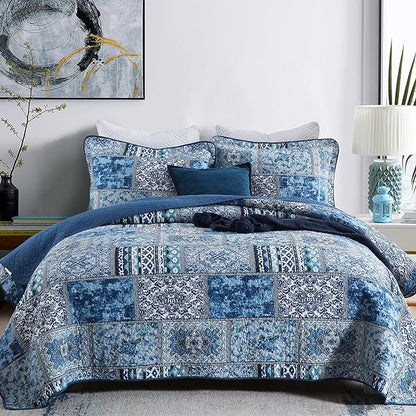 Blue Bohemian Cotton Reversible Rustic Patchwork Printed Bedding Quilt Coverlet Set