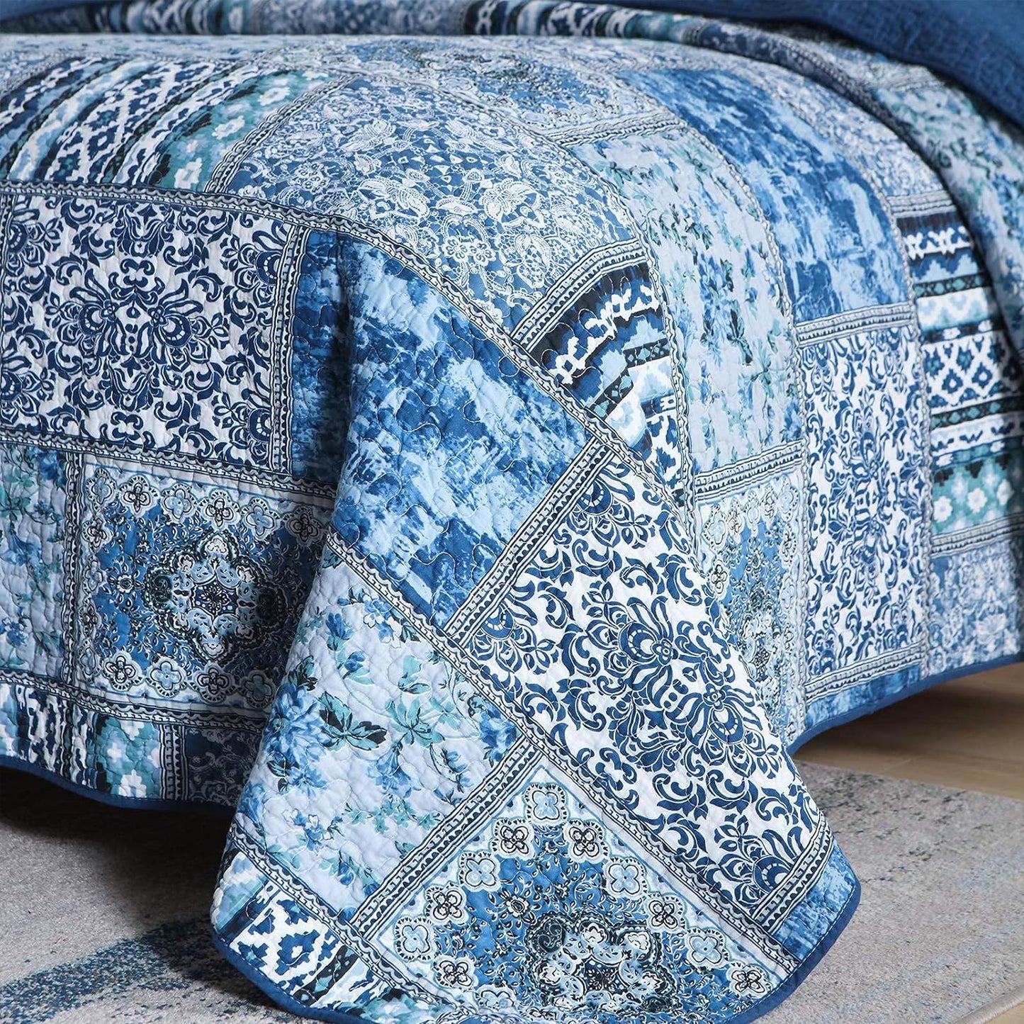 Blue Bohemian Cotton Reversible Rustic Patchwork Printed Bedding Quilt Coverlet Set