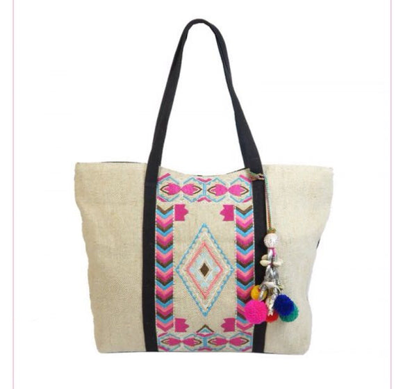 Boho Hippe Jute Embroidery Bag