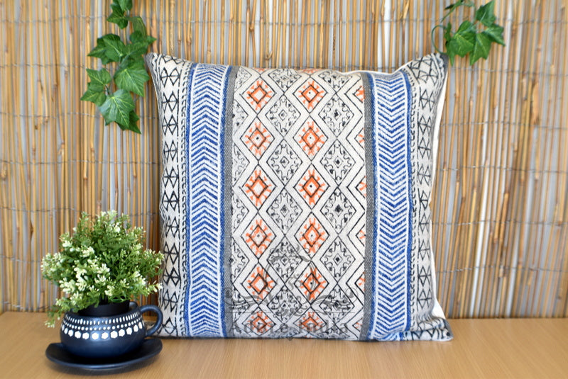 Geometrical Block Print Cotton Dari Cushion Cover Blue Org Size 65x65cm
