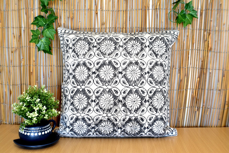 Floral Block Print Cotton Dari Cushion Cover Euro Size 65x65cm - Adore India   