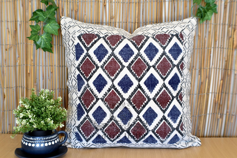 Geometrical Block Print Indigo Burgundy Cotton Dari Cushion Cover Euro Size 65x65cm - Adore India   