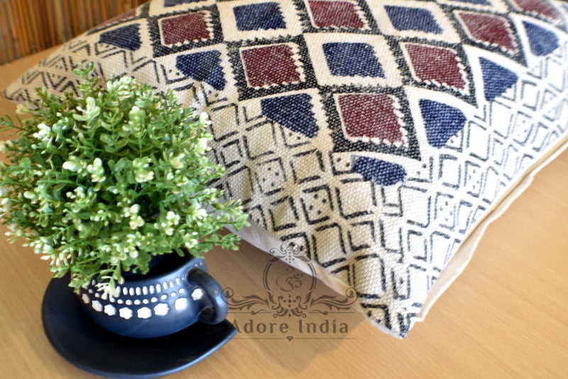 Geometrical Block Print Indigo Burgundy Cotton Dari Cushion Cover Euro Size 65x65cm - Adore India   