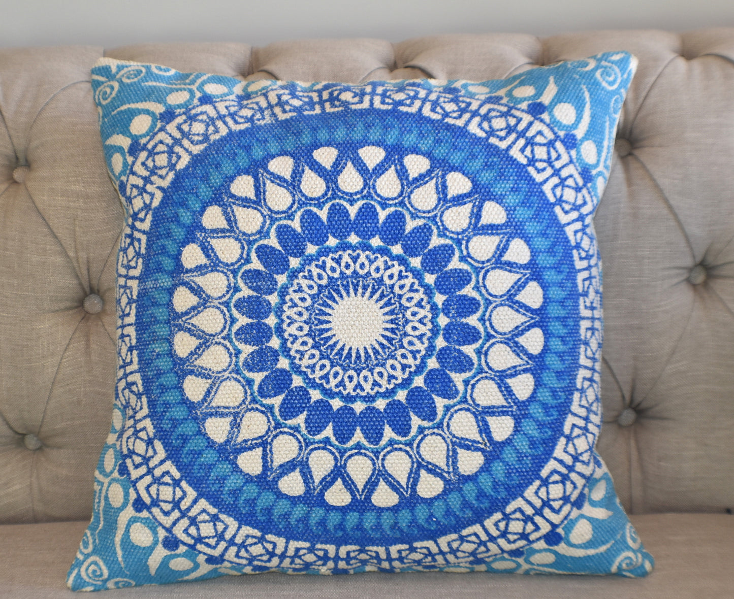 Block Print Blue Daisy Mandala Dari Cushion 50 cms