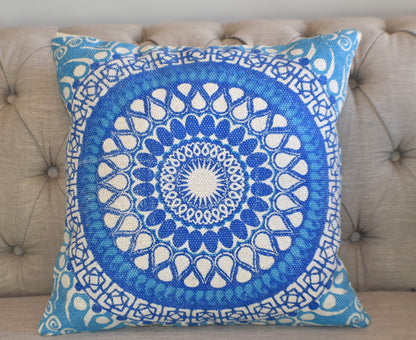 Block Print Blue Daisy Mandala Dari Cushion 50 cms