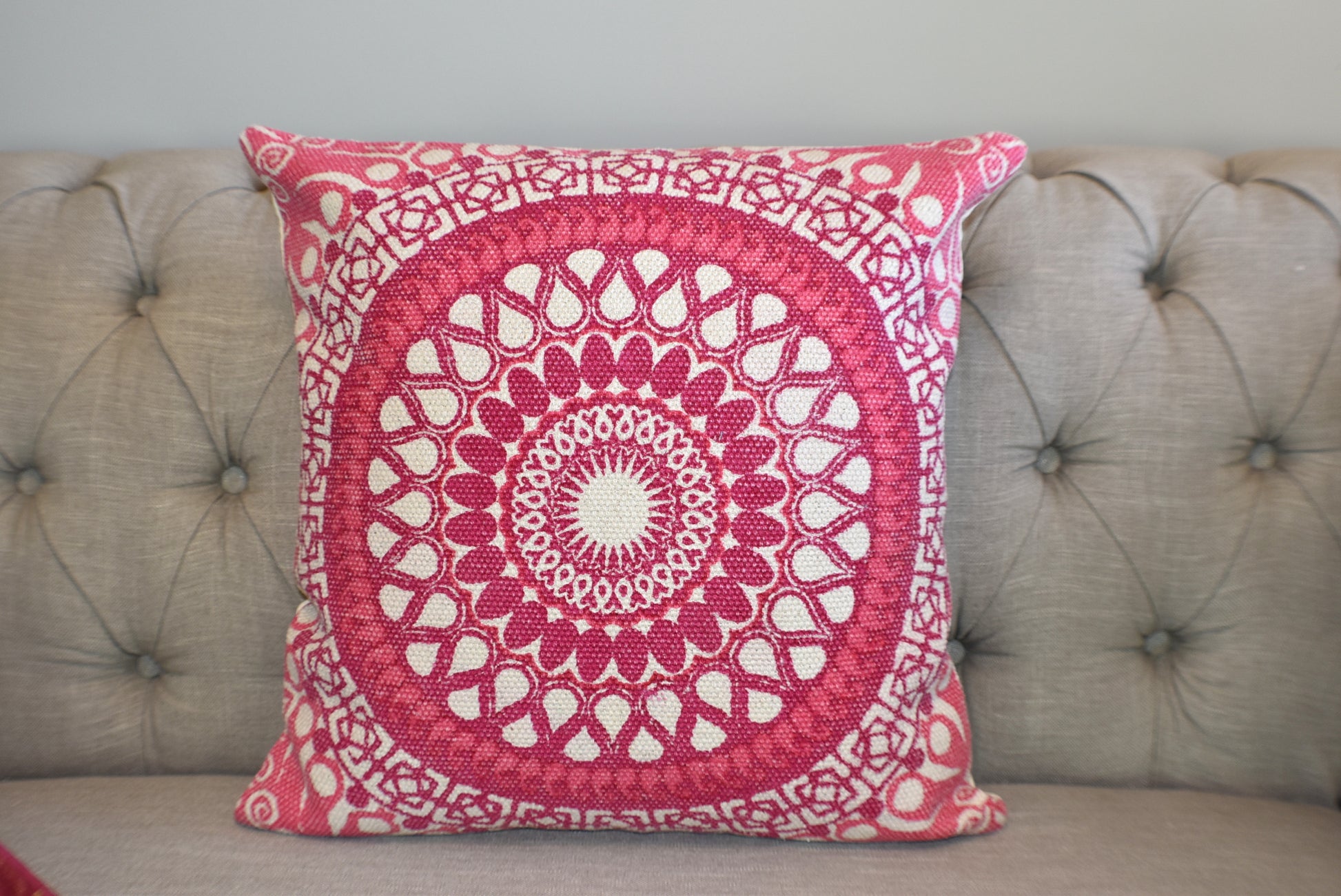Block Print Pink Daisy Mandala Dari Cushion 50 cms